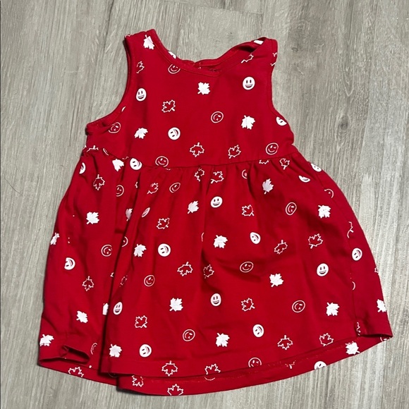 Red Sleeveless Dress with White Leaf and Smiley Print - Picture 1 of 1